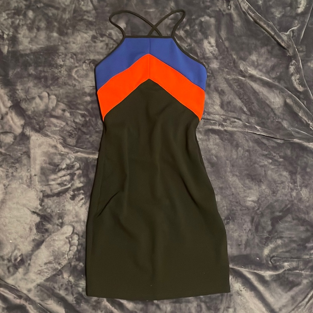 Orange blue and black body con dress